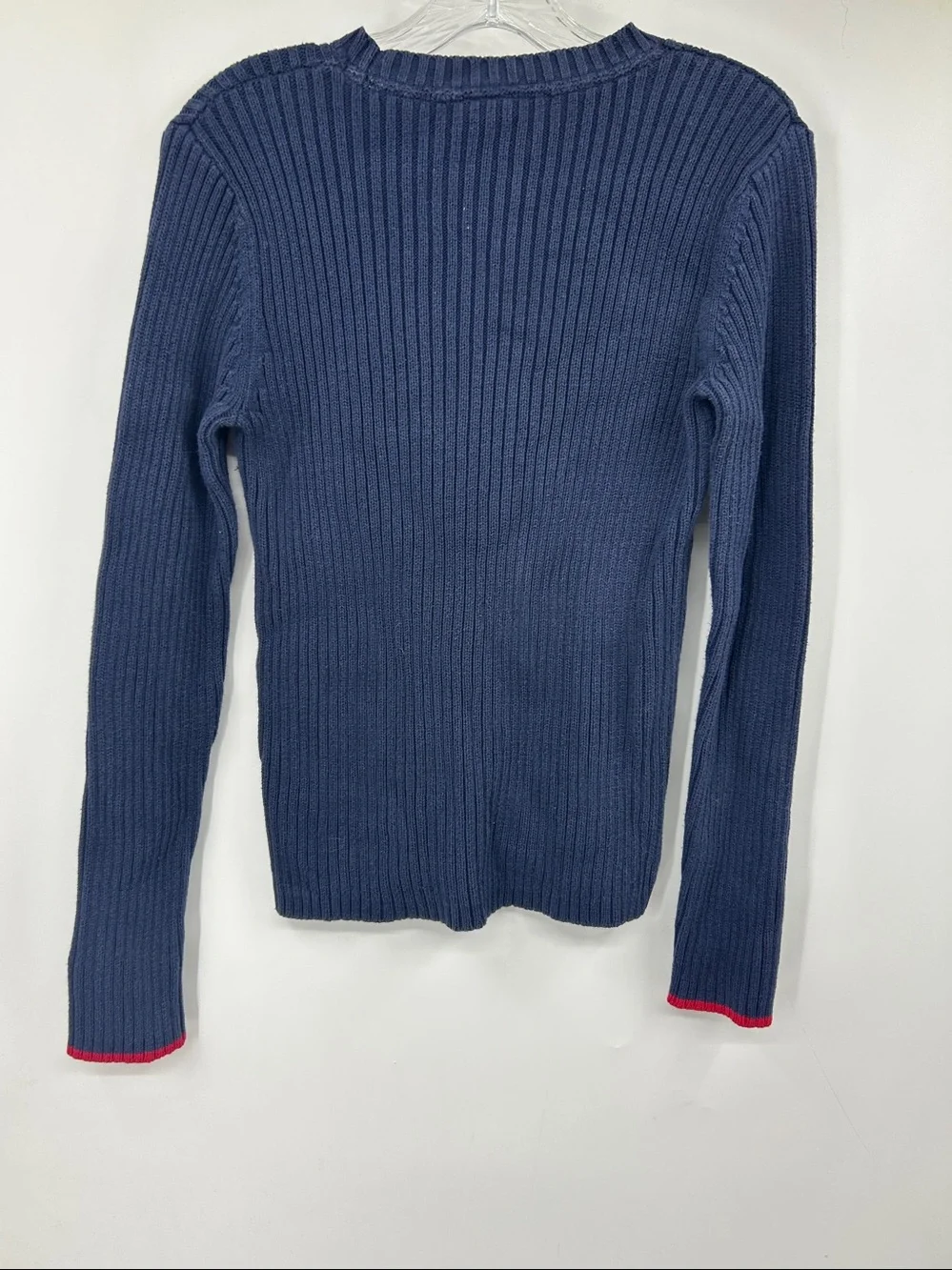 Vintage Polo Ralph Lauren Navy Blue Ribbed Sweater Flag Pullover Red Trim Size L